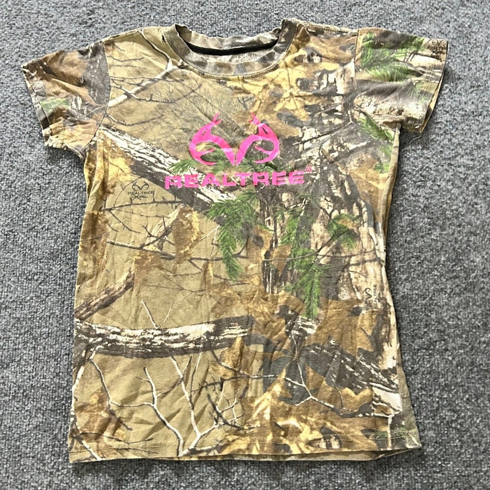 Realtree T-Shirt Womens Size M Brown Pink Logo Camo Short Sleeve Outdoor Tee